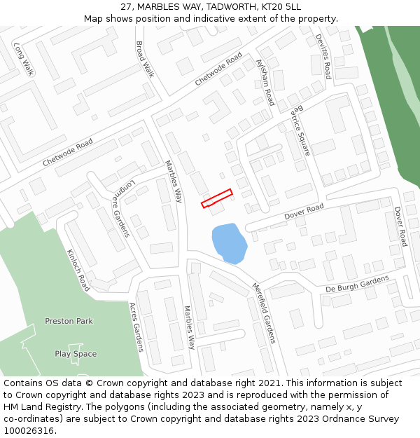 27, MARBLES WAY, TADWORTH, KT20 5LL: Location map and indicative extent of plot