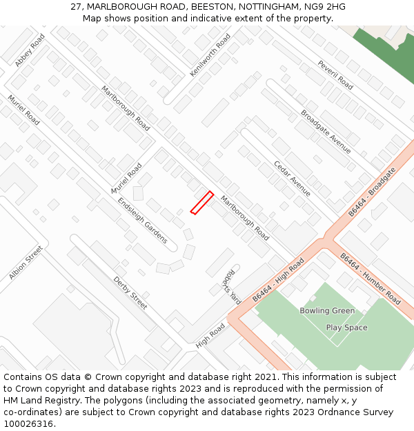 27, MARLBOROUGH ROAD, BEESTON, NOTTINGHAM, NG9 2HG: Location map and indicative extent of plot