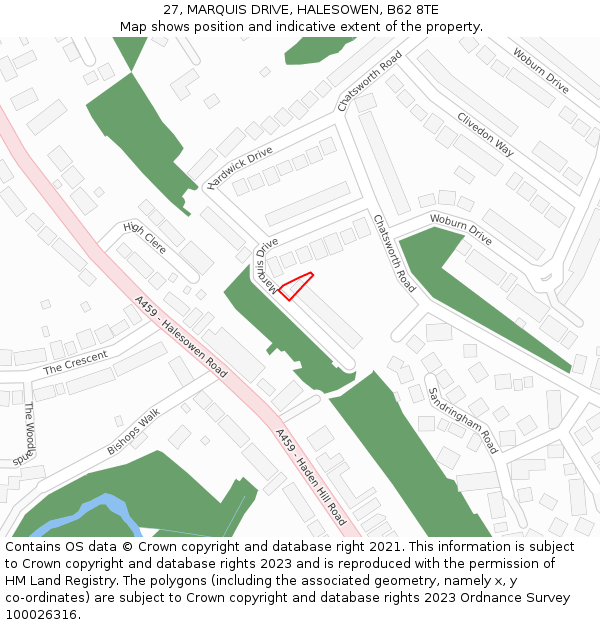 27, MARQUIS DRIVE, HALESOWEN, B62 8TE: Location map and indicative extent of plot