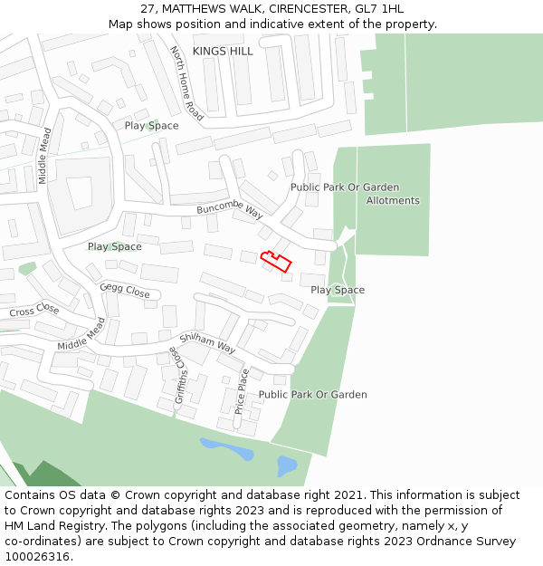 27, MATTHEWS WALK, CIRENCESTER, GL7 1HL: Location map and indicative extent of plot