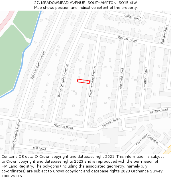 27, MEADOWMEAD AVENUE, SOUTHAMPTON, SO15 4LW: Location map and indicative extent of plot