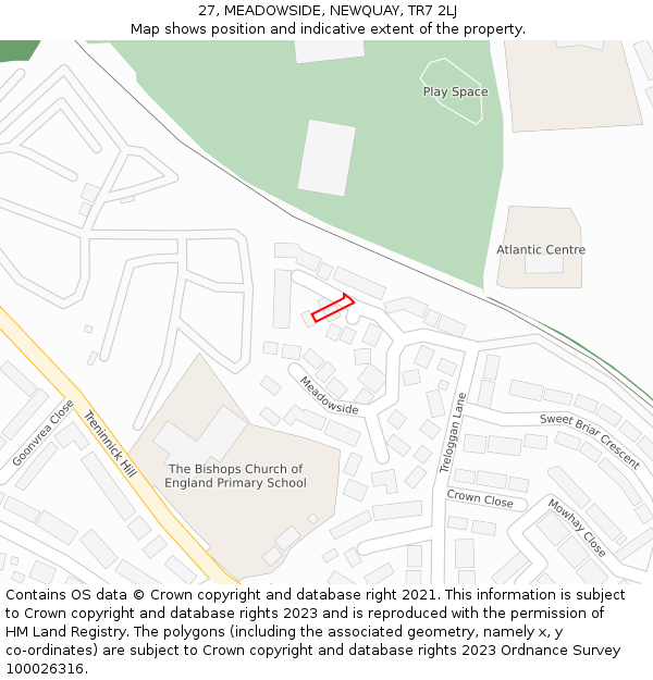 27, MEADOWSIDE, NEWQUAY, TR7 2LJ: Location map and indicative extent of plot