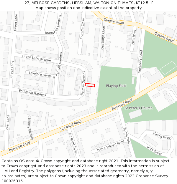 27, MELROSE GARDENS, HERSHAM, WALTON-ON-THAMES, KT12 5HF: Location map and indicative extent of plot