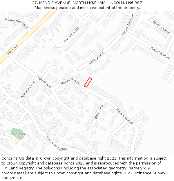27, MENDIP AVENUE, NORTH HYKEHAM, LINCOLN, LN6 9SZ: Location map and indicative extent of plot