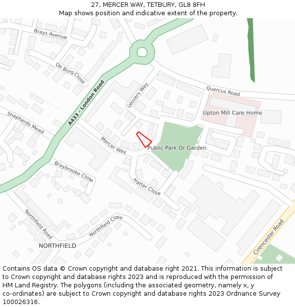 27, MERCER WAY, TETBURY, GL8 8FH: Location map and indicative extent of plot