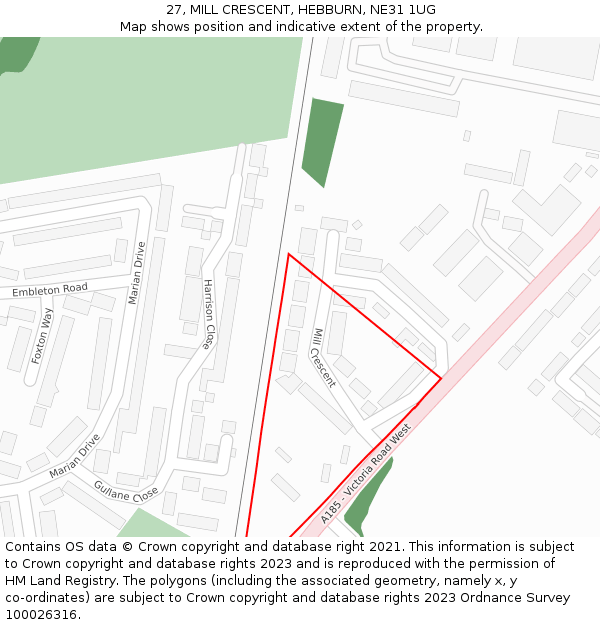 27, MILL CRESCENT, HEBBURN, NE31 1UG: Location map and indicative extent of plot