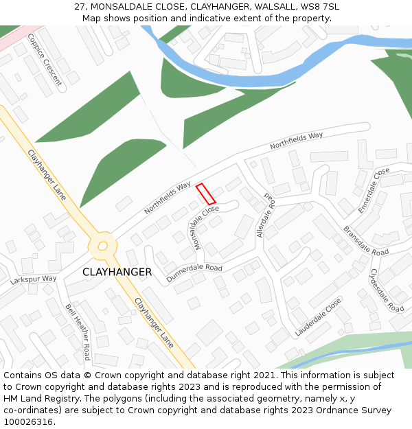27, MONSALDALE CLOSE, CLAYHANGER, WALSALL, WS8 7SL: Location map and indicative extent of plot