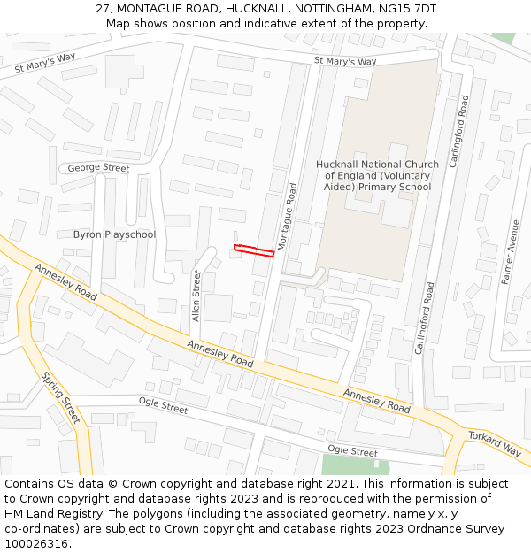 27, MONTAGUE ROAD, HUCKNALL, NOTTINGHAM, NG15 7DT: Location map and indicative extent of plot