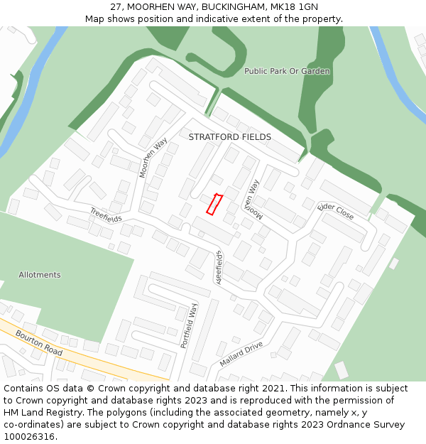 27, MOORHEN WAY, BUCKINGHAM, MK18 1GN: Location map and indicative extent of plot