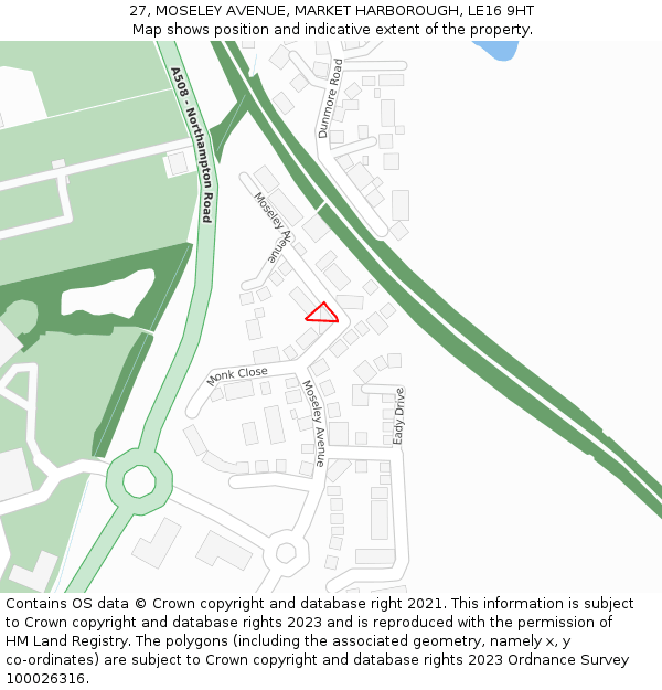 27, MOSELEY AVENUE, MARKET HARBOROUGH, LE16 9HT: Location map and indicative extent of plot