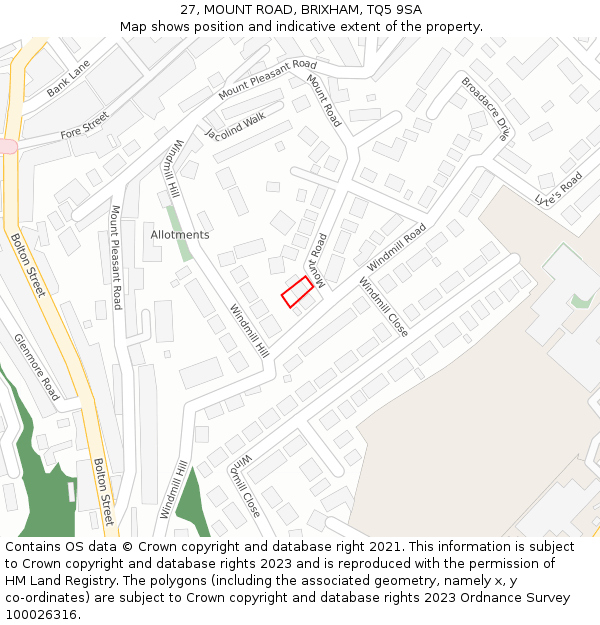 27, MOUNT ROAD, BRIXHAM, TQ5 9SA: Location map and indicative extent of plot