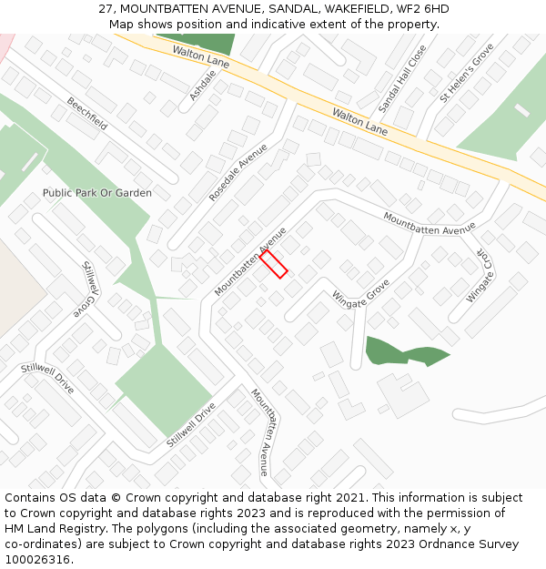 27, MOUNTBATTEN AVENUE, SANDAL, WAKEFIELD, WF2 6HD: Location map and indicative extent of plot