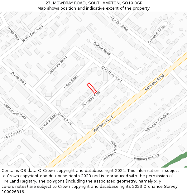 27, MOWBRAY ROAD, SOUTHAMPTON, SO19 8GP: Location map and indicative extent of plot