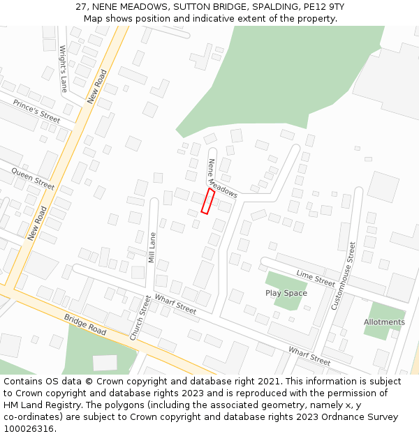 27, NENE MEADOWS, SUTTON BRIDGE, SPALDING, PE12 9TY: Location map and indicative extent of plot