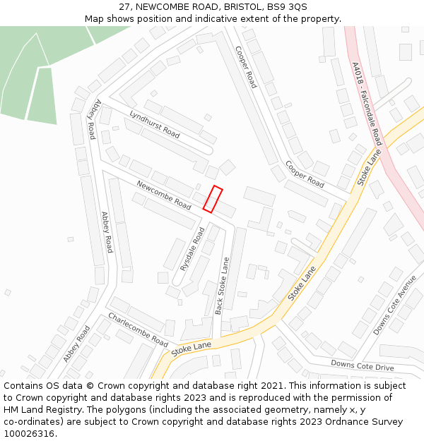 27, NEWCOMBE ROAD, BRISTOL, BS9 3QS: Location map and indicative extent of plot