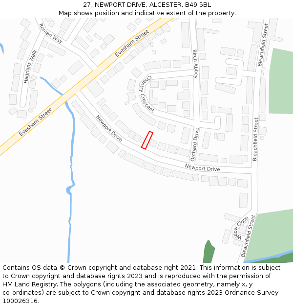 27, NEWPORT DRIVE, ALCESTER, B49 5BL: Location map and indicative extent of plot