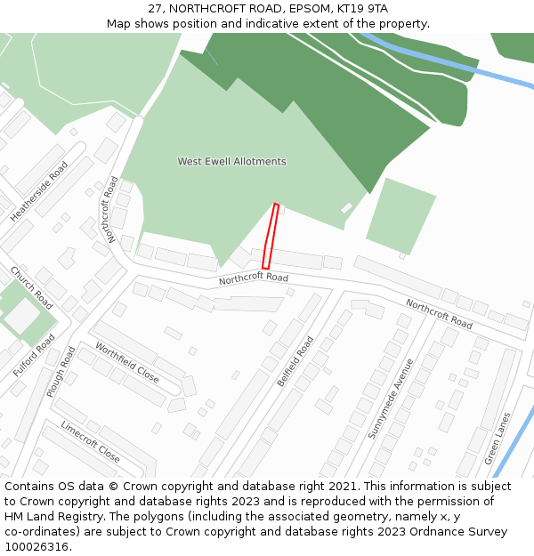 27, NORTHCROFT ROAD, EPSOM, KT19 9TA: Location map and indicative extent of plot