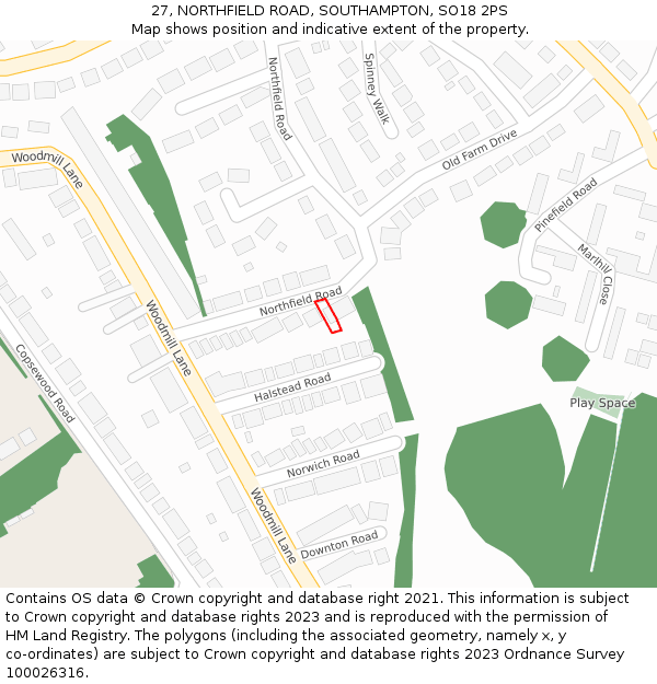 27, NORTHFIELD ROAD, SOUTHAMPTON, SO18 2PS: Location map and indicative extent of plot