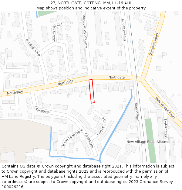 27, NORTHGATE, COTTINGHAM, HU16 4HL: Location map and indicative extent of plot
