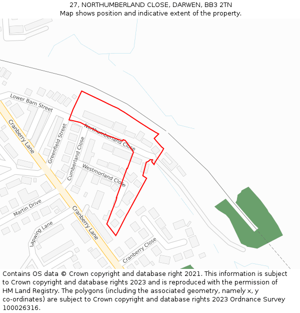 27, NORTHUMBERLAND CLOSE, DARWEN, BB3 2TN: Location map and indicative extent of plot