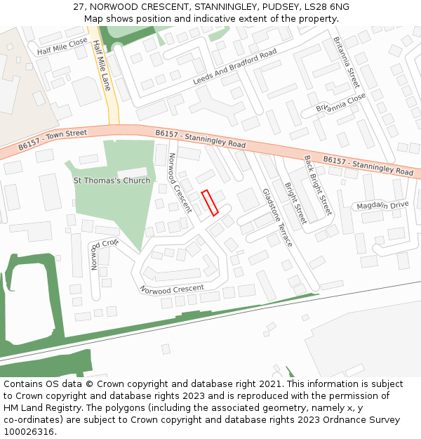 27, NORWOOD CRESCENT, STANNINGLEY, PUDSEY, LS28 6NG: Location map and indicative extent of plot