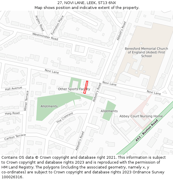 27, NOVI LANE, LEEK, ST13 6NX: Location map and indicative extent of plot