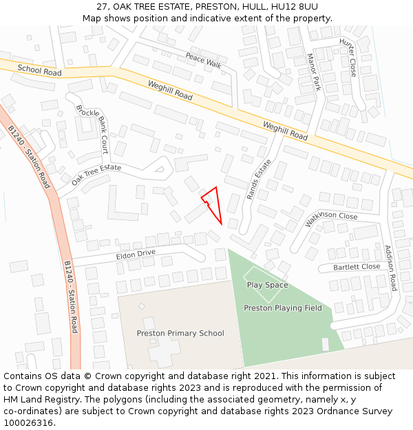 27, OAK TREE ESTATE, PRESTON, HULL, HU12 8UU: Location map and indicative extent of plot