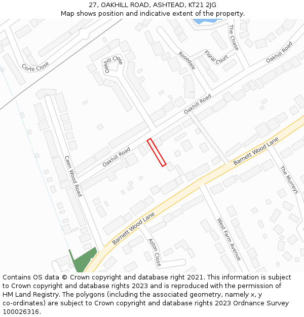 27, OAKHILL ROAD, ASHTEAD, KT21 2JG: Location map and indicative extent of plot