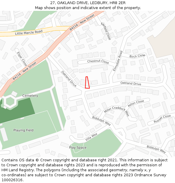 27, OAKLAND DRIVE, LEDBURY, HR8 2ER: Location map and indicative extent of plot