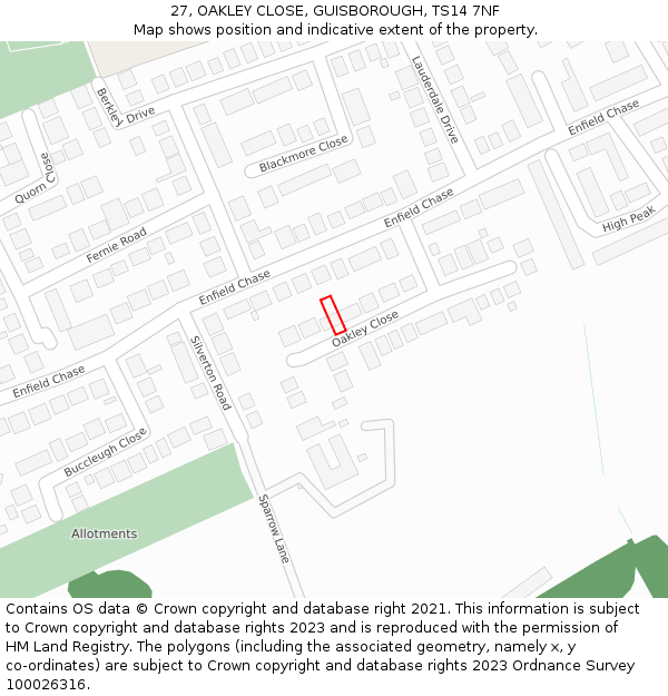 27, OAKLEY CLOSE, GUISBOROUGH, TS14 7NF: Location map and indicative extent of plot