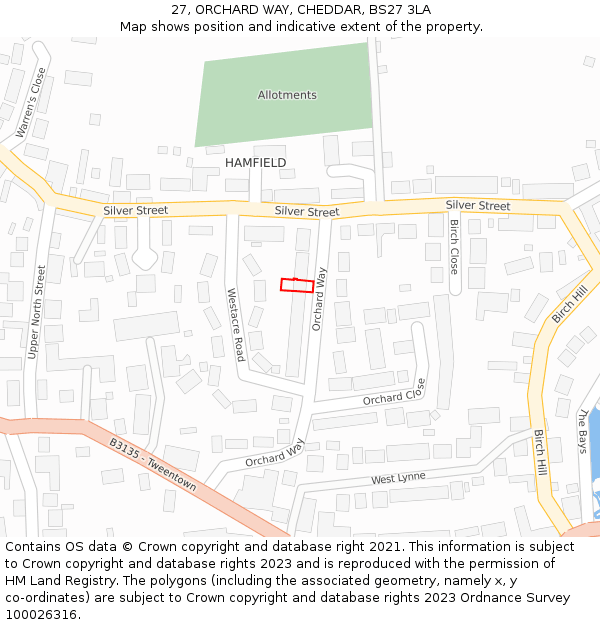 27, ORCHARD WAY, CHEDDAR, BS27 3LA: Location map and indicative extent of plot