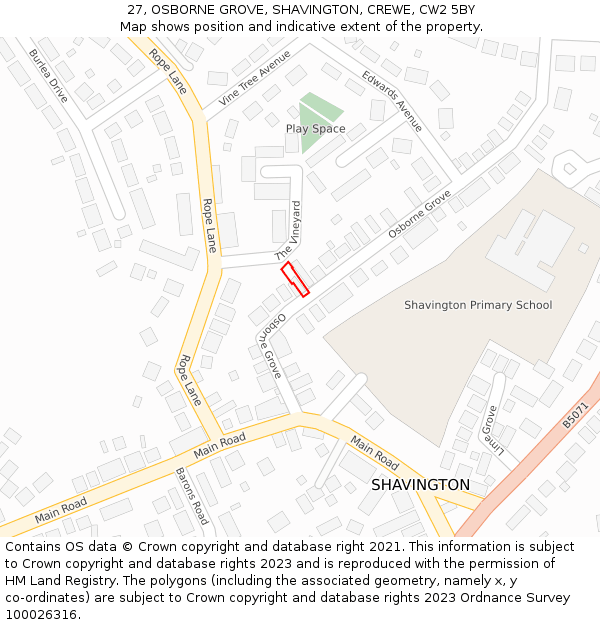 27, OSBORNE GROVE, SHAVINGTON, CREWE, CW2 5BY: Location map and indicative extent of plot