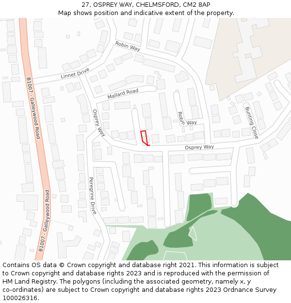 27, OSPREY WAY, CHELMSFORD, CM2 8AP: Location map and indicative extent of plot