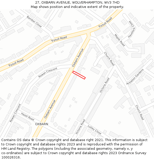 27, OXBARN AVENUE, WOLVERHAMPTON, WV3 7HD: Location map and indicative extent of plot