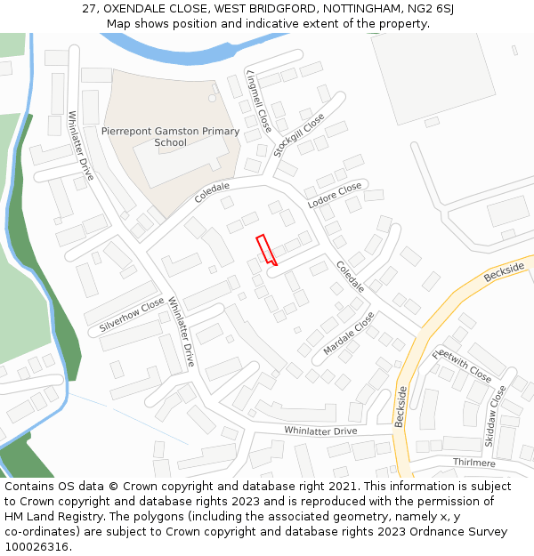 27, OXENDALE CLOSE, WEST BRIDGFORD, NOTTINGHAM, NG2 6SJ: Location map and indicative extent of plot
