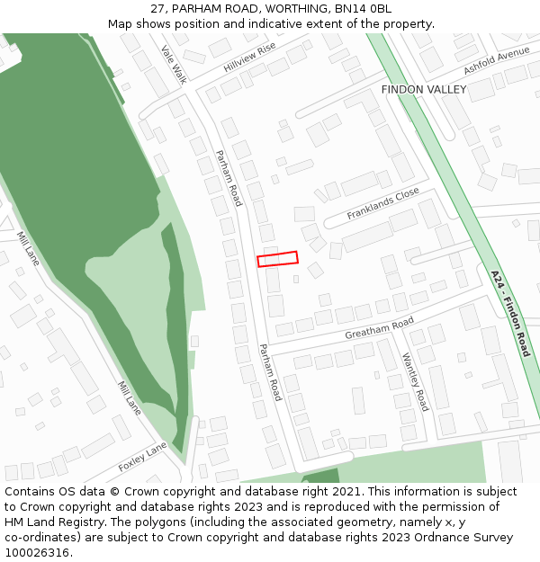 27, PARHAM ROAD, WORTHING, BN14 0BL: Location map and indicative extent of plot