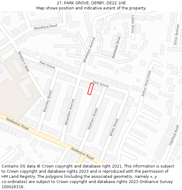 27, PARK GROVE, DERBY, DE22 1HE: Location map and indicative extent of plot