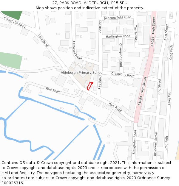 27, PARK ROAD, ALDEBURGH, IP15 5EU: Location map and indicative extent of plot