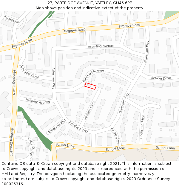 27, PARTRIDGE AVENUE, YATELEY, GU46 6PB: Location map and indicative extent of plot