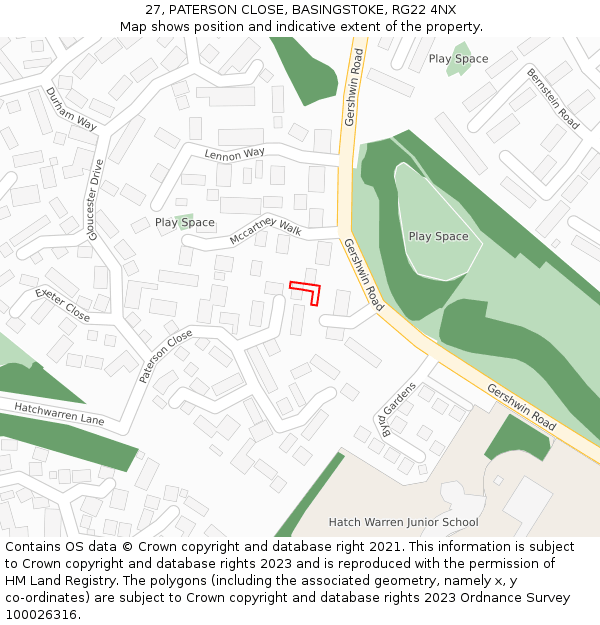 27, PATERSON CLOSE, BASINGSTOKE, RG22 4NX: Location map and indicative extent of plot