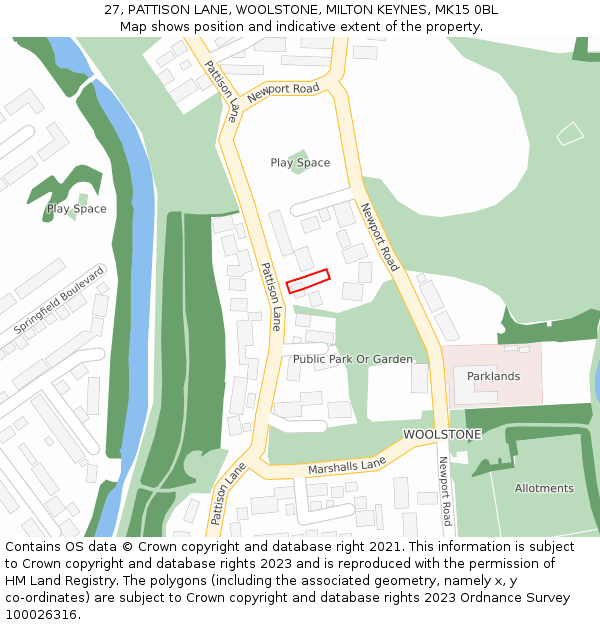 27, PATTISON LANE, WOOLSTONE, MILTON KEYNES, MK15 0BL: Location map and indicative extent of plot