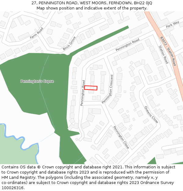 27, PENNINGTON ROAD, WEST MOORS, FERNDOWN, BH22 0JQ: Location map and indicative extent of plot