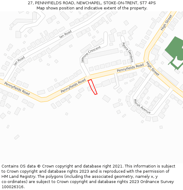 27, PENNYFIELDS ROAD, NEWCHAPEL, STOKE-ON-TRENT, ST7 4PS: Location map and indicative extent of plot