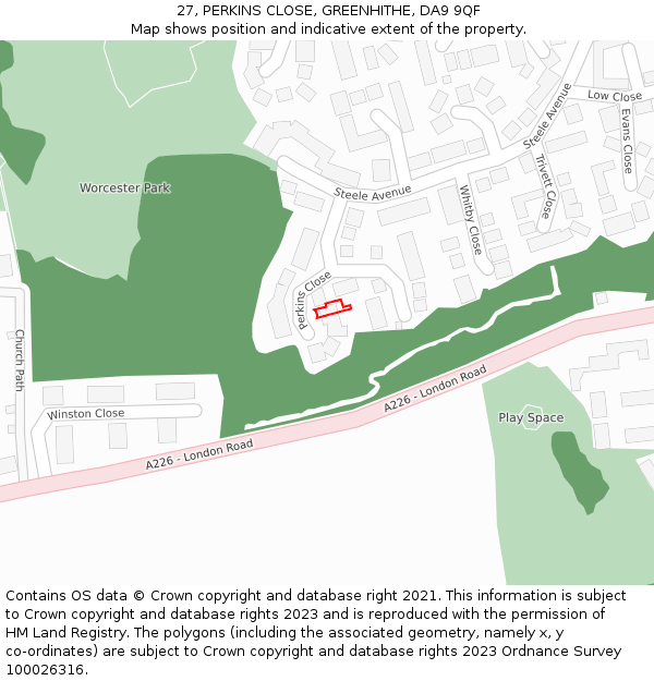 27, PERKINS CLOSE, GREENHITHE, DA9 9QF: Location map and indicative extent of plot
