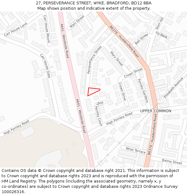 27, PERSEVERANCE STREET, WYKE, BRADFORD, BD12 8BA: Location map and indicative extent of plot
