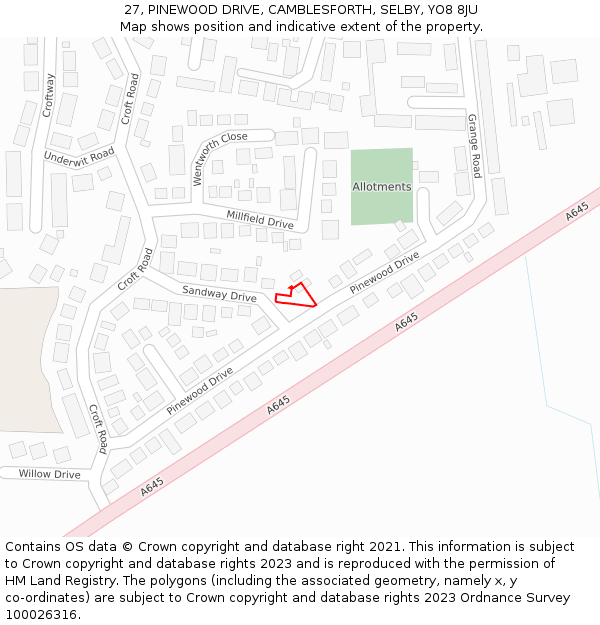 27, PINEWOOD DRIVE, CAMBLESFORTH, SELBY, YO8 8JU: Location map and indicative extent of plot