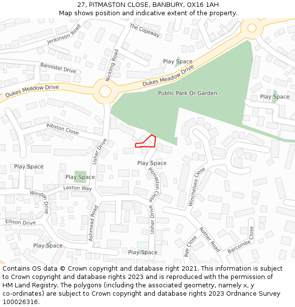 27, PITMASTON CLOSE, BANBURY, OX16 1AH: Location map and indicative extent of plot