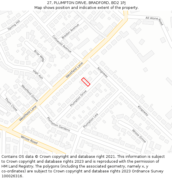 27, PLUMPTON DRIVE, BRADFORD, BD2 1PJ: Location map and indicative extent of plot