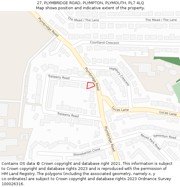 27, PLYMBRIDGE ROAD, PLYMPTON, PLYMOUTH, PL7 4LQ: Location map and indicative extent of plot