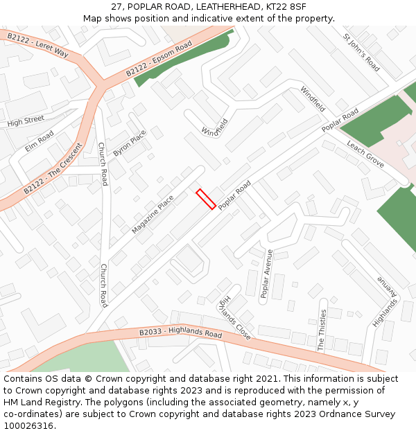27, POPLAR ROAD, LEATHERHEAD, KT22 8SF: Location map and indicative extent of plot
